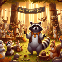 create a picture of woodland creatures celebrating boss's day