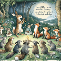 create a picture of woodland creatures celebrating boss's day in the style of tasha tudor