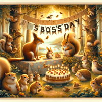 create a picture of woodland creatures celebrating boss's day in the style of tasha tudor and a banner reading 