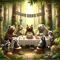 bears racoons woodland creatures around a table in the woods with a cake. add a banner reading 