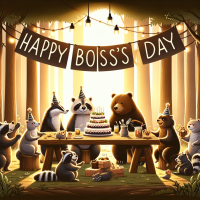 bears racoons woodland creatures around a table in the woods with a cake. add a banner reading 