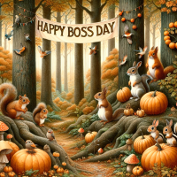 create a picture of woodland creatures celebrating boss's day in the style of tasha tudor and have a banner reading happy boss's day with pumpkins and toadstools