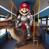 Super Mario dressed as a medieval knight riding a pterodactyl in the back of a bus, Baroque painting