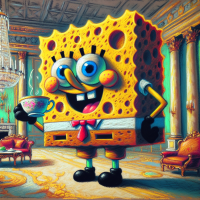 SpongeBob drinking tea in a mansion with oil pastels