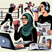 describe and draw about on what you think my life is about. boxing, journalism, researcher, coffee, fitness, moderate fit plus curvy hijab girl with glasses