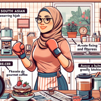 describe and draw about on what you think my life is about. boxing, journalism, researcher, coffee, fitness, moderate fit plus curvy hijab girl with glasses.busy life.lovw cooking from malaysia