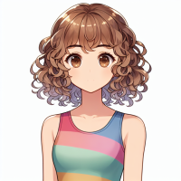 an anime girl with very curly light brown hair with brown eyes in a leotard