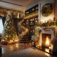 Christmas fireplace in living room with spiral staircase leading to library