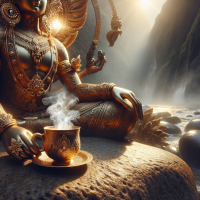  Create an image of god sitting on large stone wearing gold earing and having cup of tea 