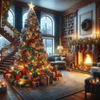 Christmas tree and presents with fireplace in living room with sofa and chairs and staircase leading to library and snowing outside the windows