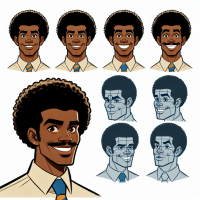 Cartoon a handsome Latino with an Afro very welcoming and beautiful face man, 30 year old, multiple Poses and expressions, Character sheet, front and side face poses, Face only, Pixar styled