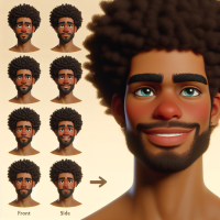 Cartoon a handsome Latino with an Afro very welcoming and beautiful face man, 30 year old, multiple Poses and expressions, Character sheet, front and side face poses, Face only, Pixar styled