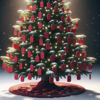 a christmas tree with red tablets for baubles