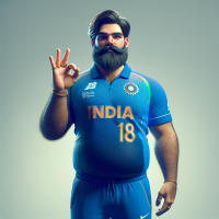 Generate image of Smarak in a standing posture playing cricket, he loves to bat, has french beard his hairstyle is like Virat Kohli, His has chubby cheeks and tummy slightly tucked out, wears a gold ring on his right hand middle finger and has a trisul mark on his left hand ring finger, He is wearing an Indian sports team colored blue tee with no 18 printed on jersey with his name Smarak, He is 5 ft 7 in tall