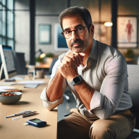 A 48-year-old man sits at a modern office desk. He has a slightly overweight build, indicative of someone managing type 2 diabetes, with a thoughtful expression on his face. He has short, slightly graying hair and wears glasses. He is dressed in a business-casual outfit, with a button-up shirt and khakis.   On the desk, there are a few health-related items: a glucose monitor, a water bottle, and a bowl of healthy snacks like almonds and fruit. The background features a well-organized office with a few motivational posters on the walls and a plant in the corner. The lighting is warm, creating a comfortable work environment.