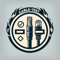 trademark logo of a research laboratory measuring the characteristics of cables, a round logo, a coaxial cable without connector with stripped core on the left side, an ethernet cable with an rj45 connector on the right side, big faded checkmark on the background, the contour of the logo slighly burning, the text 