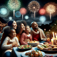 family eating while watching the new year Fireworks 