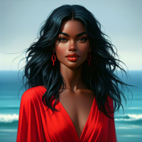 background of my image will be blurred sea view ,i am wearing a red dress with red ear ring,open black hair,with an eye glass