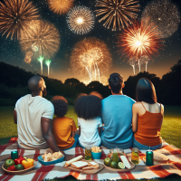 family picnic back view watching the new year Fireworks 