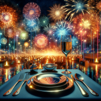 plates, fork and spoon. New fireworks in the background