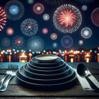 plates, fork and spoon. little fireworks in the background