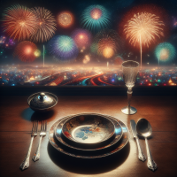 plates, fork and spoon on the table. new year fireworks in the background