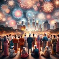 Malaysian People looking at new year's fireworks