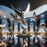 I have a Shopping mall, Fully futuristic and luxurious. It has 5 entrances each named as Falcon, Oryx, Butterfly, Fish & Palm. i want each entrance to have futuristic statues of each of the animal and tree. Give me few images