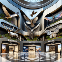 I have a Shopping mall, Fully futuristic and luxurious. It has 5 entrances each named as Falcon, Oryx, Butterfly, Fish & Palm. i want each entrance to have futuristic statues of each of the animal and tree. Give me each entrance separate images