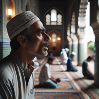 Who is waving a cap on his head and saying prayer in the mosque