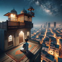 A young Muslim boy offering namaz on the rooftop of a traditional house with a view of the city skyline at night.