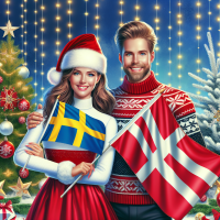 i want a christmas picture of me and my husband with christmas theme, like santas. He should have a denmark flag in his hand, and i should have the swedish one. 