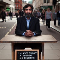 Man sitting on a street corner at a table with a board that says 'I  always thought a sodding was a buggering.