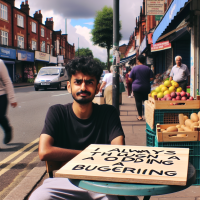 A young man sitting on a street corner at a table with a board that says 'I always thought a sodding was a buggering'. 