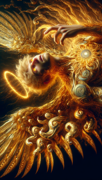 A full body HD realistic 4k image of a blonde boy(Tom) is transforming and genderbending to a female angel with busty curvaceous body, convulsing in pain on bed sequential. Golden marks burnt over Tom's body. Tom's eyes color change to golden light pupils but burning and Tom's hair strands become long molten gold curly. Tom's fingernails grow out long metallic gold sharp shining sunlight. Tom sprouts out huge golden wings and golden halo painfully. Her thick curvy body emitting sun light and metallic golden symbiote armor covers Tom's beautiful female body. Finally in extreme pain Tom transforms to goddess of light with screams and cries.