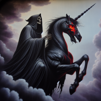 Death riding a black unicorn with red main and tail