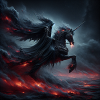 Death riding a black unicorn with red main and tail smoke coming from nostrils 