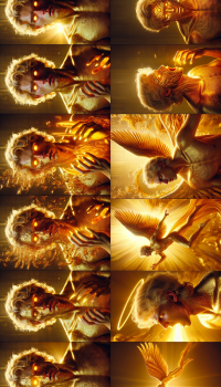 A full body HD realistic 4k image of a blonde boy(Tom) is transforming and genderbending to a female angel with busty female body, convulsing in pain on bed sequential. Golden marks burnt over Tom's body. Tom's eyes color change to golden light pupils but burning and Tom's hair strands become long molten gold curly. Tom's fingernails grow out long metallic gold sharp shining sunlight. Tom sprouts out huge golden wings and golden halo painfully. Her thick curvy body emitting sun light and metallic golden symbiote armor covers Tom's beautiful female body. Finally in extreme pain Tom transforms to goddess of light with screams and cries.