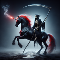 Death with sycle riding a black unicorn that has a red main and tail smoke coming from nostrils 