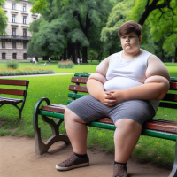 Fat Boy with no t shirt setting at a park his age is 15 and his weigh is 500 and set on the bench and his arm is very big