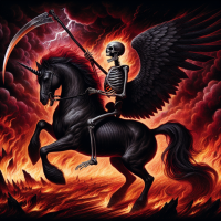 Death with sickle and wings.riding a black unicorn that has a red main and tail and smoke coming from nostrils. Fire and brimstone in the background