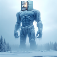 make an image of a blue titan ghost with snow on him and he has ice skates on and there is a fridge on hid head