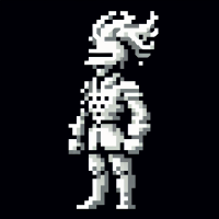  guardsman with a head of fire. Undertale-like sprite. Monochrome. Only white color. more detail