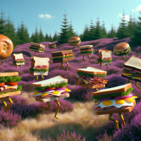 sandwiches jumping around in a field of heath