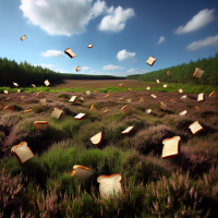 small pieces of bread jumping around in a field of heath