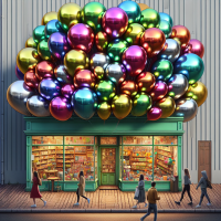 RAINBOW METALLIC COLOR BALLOONS OUTSIDE OF A SHOP SEEN FROM A DISTANCE TO BE SEEN  TO ATRACT CUSTOMERS