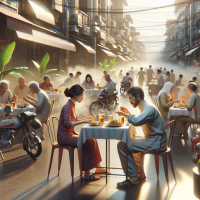 A street-side scene in the morning, showing two people sitting at a small table, enjoying their breakfast. Around them, many other people are seated at similar tables, eating and chatting, creating a lively and bustling atmosphere. The background features rows of parked motorcycles, neatly lined along the street. The sunlight casts a warm golden hue, emphasizing the freshness of the morning. Small details like steaming tea glasses, plates of food, and street vendors add to the vibrancy of the scene. Shadows from the morning light stretch gently across the ground, enhancing the depth of the composition. Created using: photorealistic style, dynamic street-level perspective, warm lighting, intricate details, natural color palette, cinematic sharpness, realistic textures, and atmospheric immersion --ar 16:9