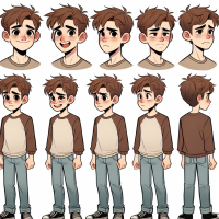 create me a character turnaround sheet of a teen boy, include all angles and expressions, all standing crouching and standing positions