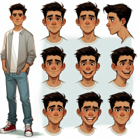 create me a character turnaround sheet of a teen boy, include all angles and expressions, ADD sitting, standing and crouching positions