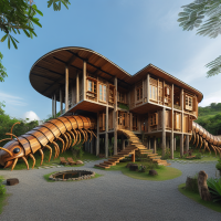 centipede shape house design small wood details 